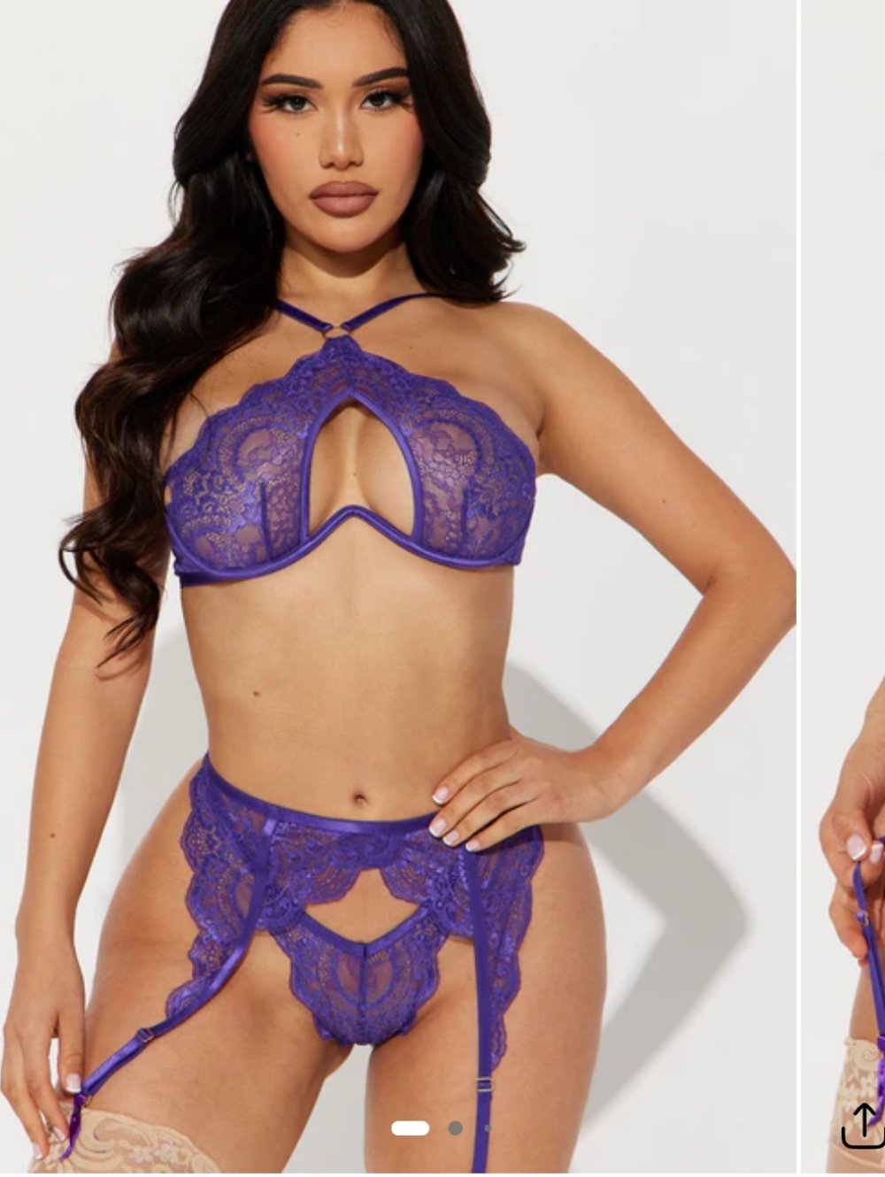 Sheer Lace Strappy  Bra & Garter Set - Purple